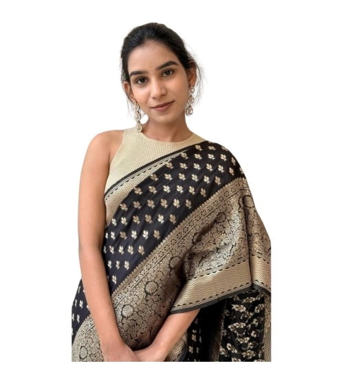 Women's Silk Printed Saree With Unstitched Blouse 5.5Mtr (Black)