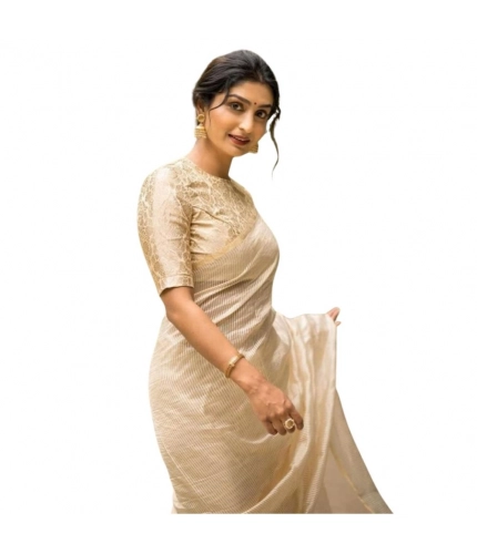 Women's Silk Printed Saree With Unstitched Blouse 5.5Mtr (Off White)