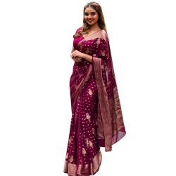 Women's Silk Printed Saree With Unstitched Blouse 5.5Mtr (Wine)
