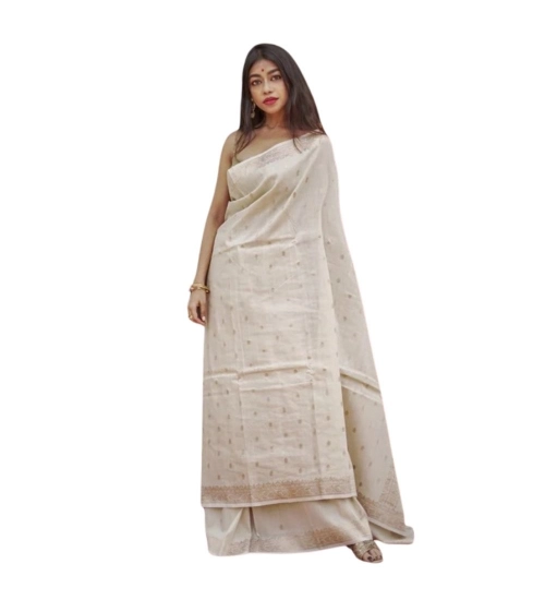 Women's Cotton  Printed Saree With Unstitched Blouse 5.5Mtr (Cream)