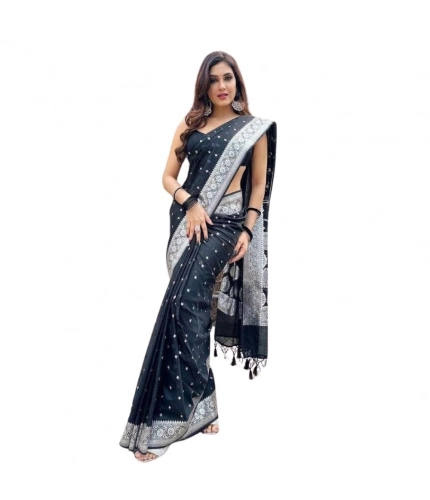 Women's Silk Printed Saree With Unstitched Blouse 5.5Mtr (Black)