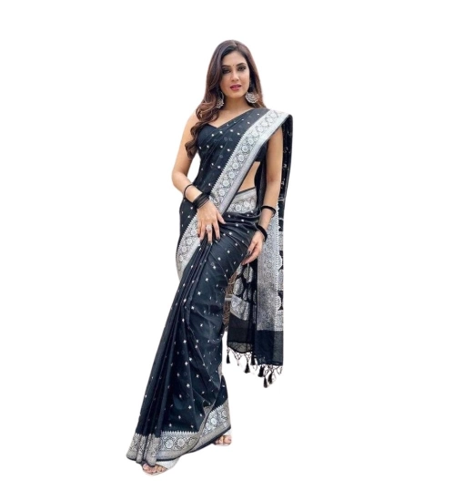 Women's Silk Printed Saree With Unstitched Blouse 5.5Mtr (Black)