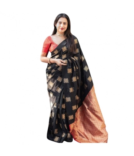 Women's Silk Printed Saree With Unstitched Blouse 5.5Mtr (Blacl-Orange)