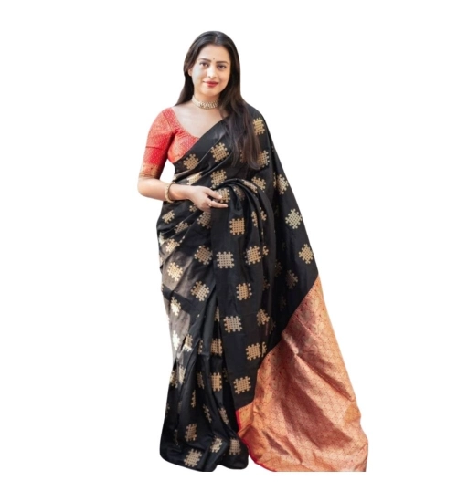 Women's Silk Printed Saree With Unstitched Blouse 5.5Mtr (Blacl-Orange)