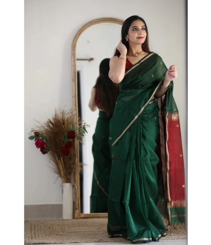 Women's Cotton  Printed Saree With Unstitched Blouse 5.5Mtr (Dark Green)
