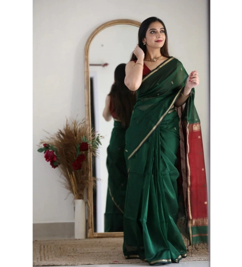 Women's Cotton  Printed Saree With Unstitched Blouse 5.5Mtr (Dark Green)