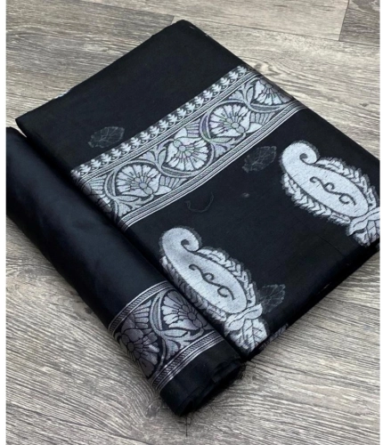 Women's Cotton  Printed Saree With Unstitched Blouse 5.5Mtr (Black)