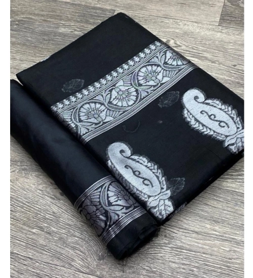Women's Cotton  Printed Saree With Unstitched Blouse 5.5Mtr (Black)