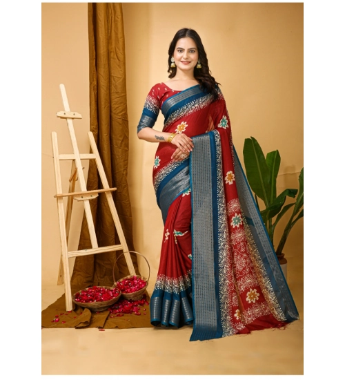 Women's Soft Blooming Marshmallow Fabric Kalamkari Printed Saree With Unstitched Blouse 5.5Mtr (Red)