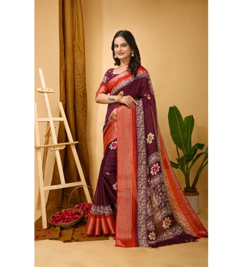 Women's Soft Blooming Marshmallow Fabric Kalamkari Printed Saree With Unstitched Blouse 5.5Mtr (Wine)