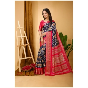 Generic Women's Soft Dola Cotton Kalamkari Printed Saree With Unstitched Blouse 5.5Mtr (Navy Blue)