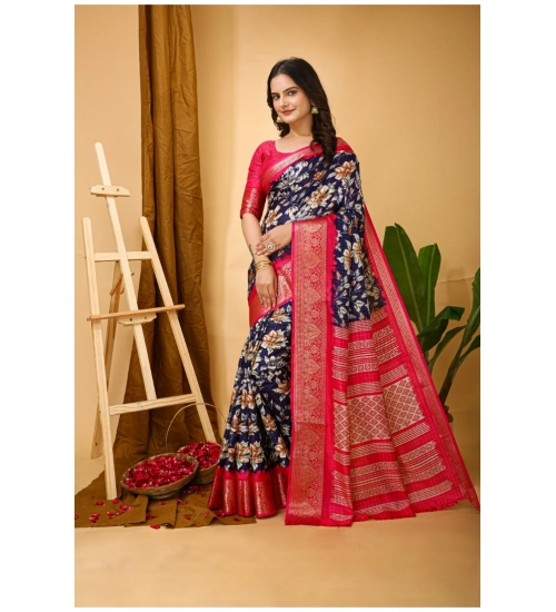 Women's Soft Dola Cotton Kalamkari Printed Saree With Unstitched Blouse 5.5Mtr (Navy Blue)