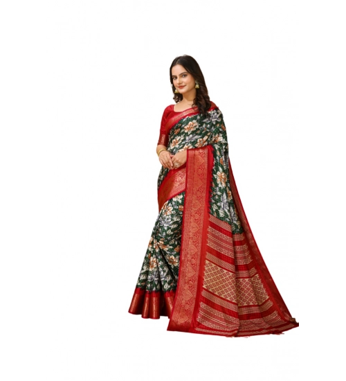 Women's Soft Dola Cotton Kalamkari Printed Saree With Unstitched Blouse 5.5Mtr (Green)