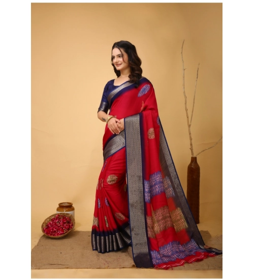 Women's Soft Blooming Marshmallow Fabric Kalamkari Printed Saree With Unstitched Blouse 5.5Mtr (Red)