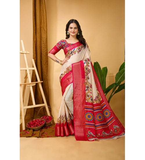 Women's Soft Dola Cotton Kalamkari Printed Saree With Unstitched Blouse 5.5Mtr (Red)