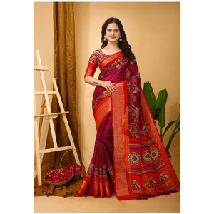 Generic Women's Soft Dola Cotton Kalamkari Printed Saree With Unstitched Blouse 5.5Mtr (Maroon)