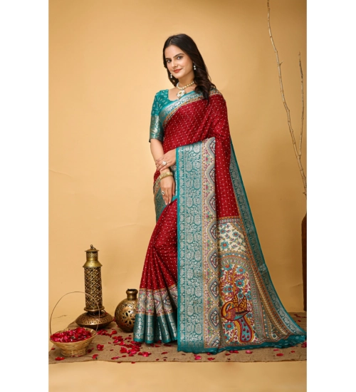 Women's Soft Dola Cotton Kalamkari Printed Saree With Unstitched Blouse 5.5Mtr (Red)