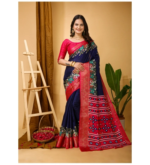 Women's Soft Dola Cotton Kalamkari Printed Saree With Unstitched Blouse 5.5Mtr (Navy Blue)