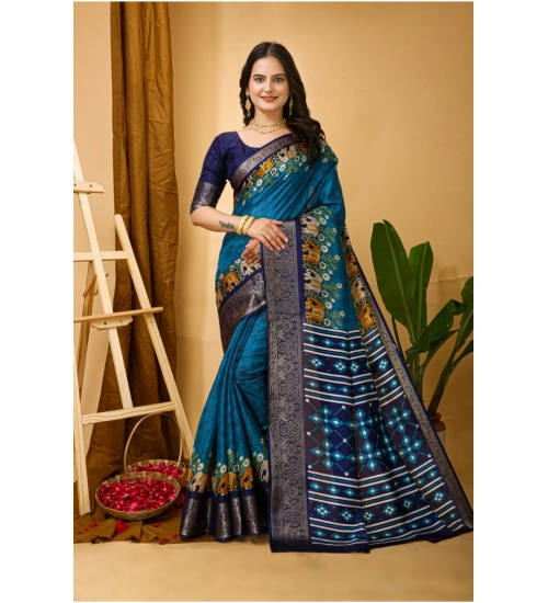 Women's Soft Dola Cotton Kalamkari Printed Saree With Unstitched Blouse 5.5Mtr (Blue)