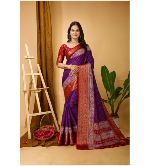 Women's Soft Dola Cotton Kalamkari Printed Saree With Unstitched Blouse 5.5Mtr (Purple)
