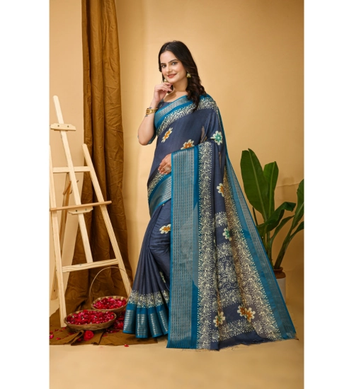 Women's Soft Blooming Marshmallow Fabric Kalamkari Printed Saree With Unstitched Blouse 5.5Mtr (Grey)