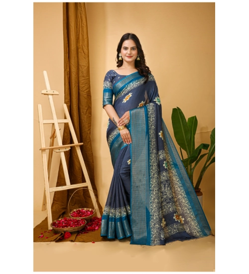 Women's Soft Blooming Marshmallow Fabric Kalamkari Printed Saree With Unstitched Blouse 5.5Mtr (Grey)