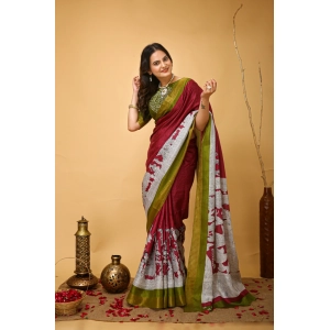 Generic Women's Soft Handloom Cotton Kalamkari Printed Saree With Unstitched Blouse 5.5Mtr (Maroon)