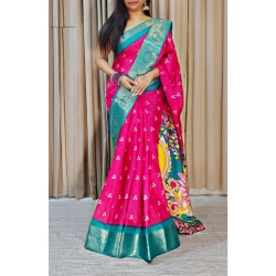 Women's Soft Dola Cotton Kalamkari Printed Saree With Unstitched Blouse 5.5Mtr (Pink)