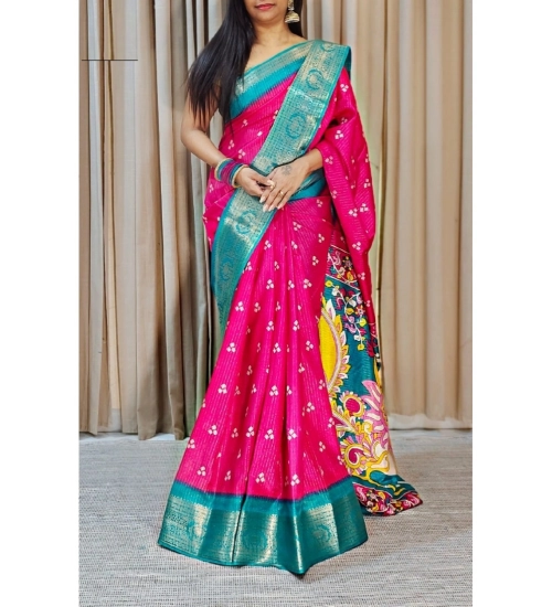 Women's Soft Dola Cotton Kalamkari Printed Saree With Unstitched Blouse 5.5Mtr (Pink)