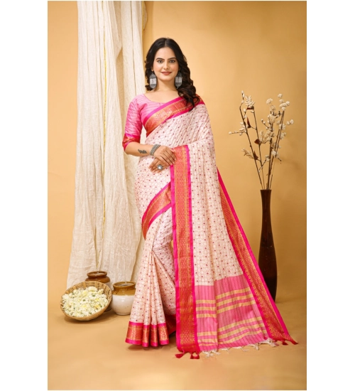 Women's Soft Cotton Silk Printed Saree With Unstitched Blouse 5.5Mtr (Pink)