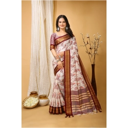 Women's Soft Cotton Silk Printed Saree With Unstitched Blouse 5.5Mtr (Maroon)