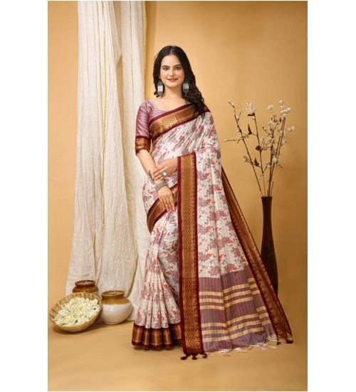 Women's Soft Cotton Silk Printed Saree With Unstitched Blouse 5.5Mtr (Maroon)