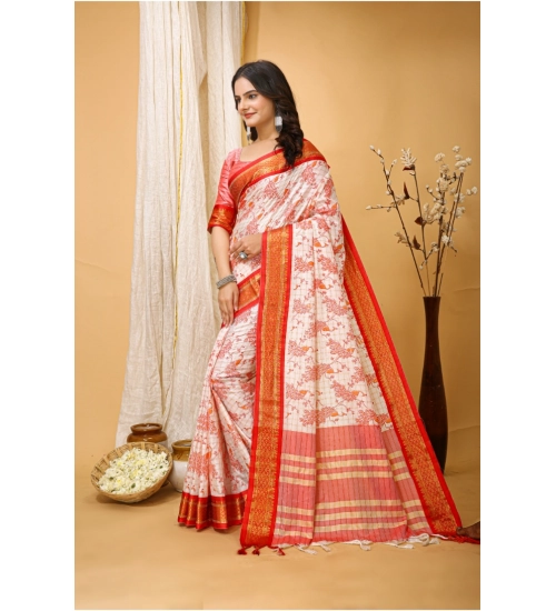 Women's Soft Cotton Silk Printed Saree With Unstitched Blouse 5.5Mtr (Red)