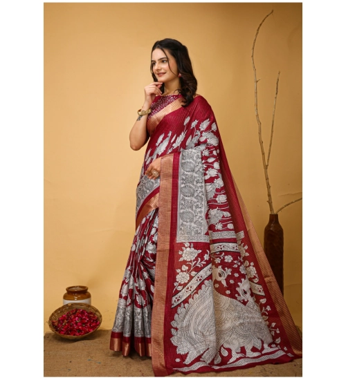 Women's Soft Handloom Cotton Kalamkari Printed Saree With Unstitched Blouse 5.5Mtr (Maroon)
