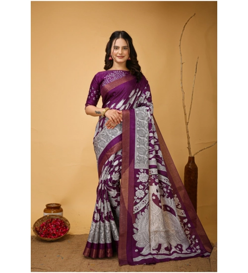 Women's Soft Handloom Cotton Kalamkari Printed Saree With Unstitched Blouse 5.5Mtr (Purple)