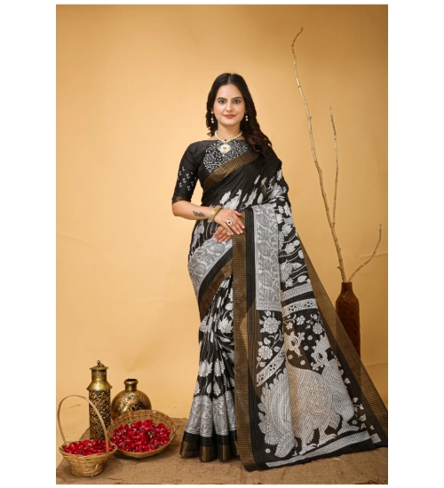 Women's Soft Handloom Cotton Kalamkari Printed Saree With Unstitched Blouse 5.5Mtr (Black)