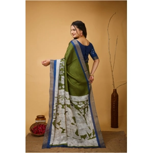 Generic Women's Soft Handloom Cotton Kalamkari Printed Saree With Unstitched Blouse 5.5Mtr (Mehendi)