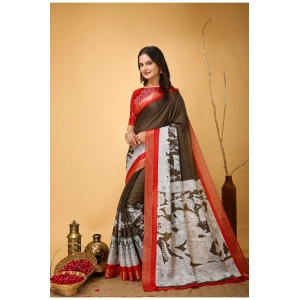Generic Women's Soft Handloom Cotton Kalamkari Printed Saree With Unstitched Blouse 5.5Mtr (Brown)