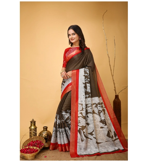 Women's Soft Handloom Cotton Kalamkari Printed Saree With Unstitched Blouse 5.5Mtr (Brown)