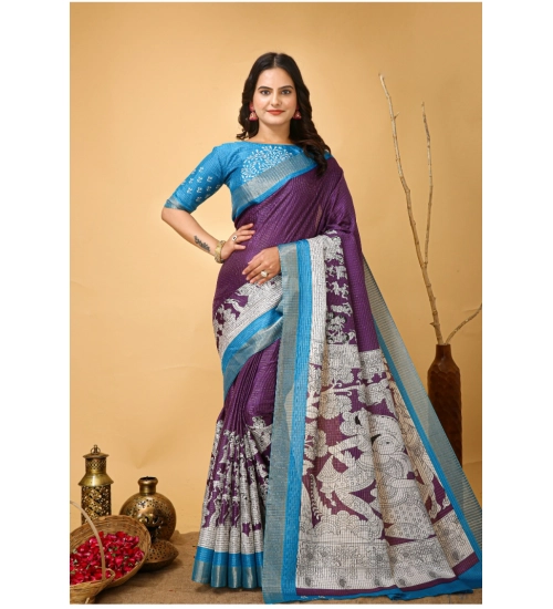 Women's Soft Handloom Cotton Kalamkari Printed Saree With Unstitched Blouse 5.5Mtr (Purple)