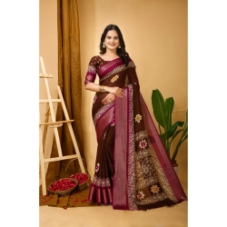 Women's Soft Blooming Marshmallow Fabric Kalamkari Printed Saree With Unstitched Blouse 5.5Mtr (Maroon)