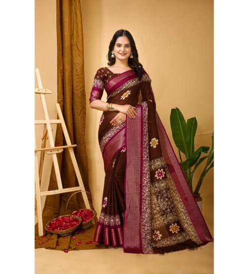 Women's Soft Blooming Marshmallow Fabric Kalamkari Printed Saree With Unstitched Blouse 5.5Mtr (Maroon)