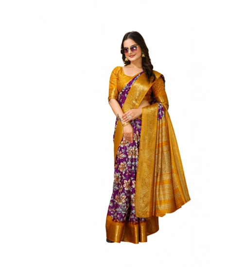 Women's Soft Dola Cotton Kalamkari Printed Saree With Unstitched Blouse 5.5Mtr (Purple)