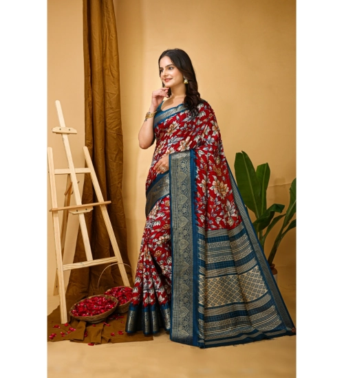 Women's Soft Dola Cotton Kalamkari Printed Saree With Unstitched Blouse 5.5Mtr (Red)