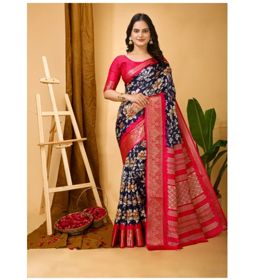 Women's Soft Dola Cotton Kalamkari Printed Saree With Unstitched Blouse 5.5Mtr (Navy Blue)