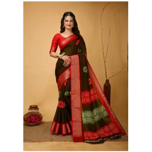 Generic Women's Soft Blooming Marshmallow Fabric Kalamkari Printed Saree With Unstitched Blouse 5.5Mtr (Mehendi)