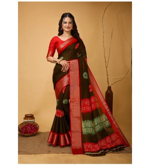 Women's Soft Blooming Marshmallow Fabric Kalamkari Printed Saree With Unstitched Blouse 5.5Mtr (Mehendi)