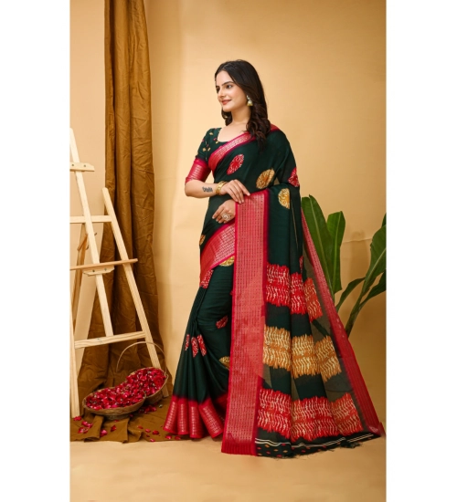 Women's Soft Blooming Marshmallow Fabric Kalamkari Printed Saree With Unstitched Blouse 5.5Mtr (Green)