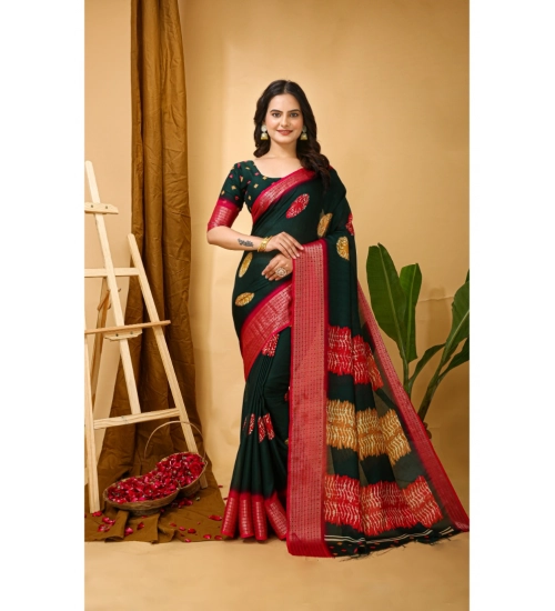 Women's Soft Blooming Marshmallow Fabric Kalamkari Printed Saree With Unstitched Blouse 5.5Mtr (Green)