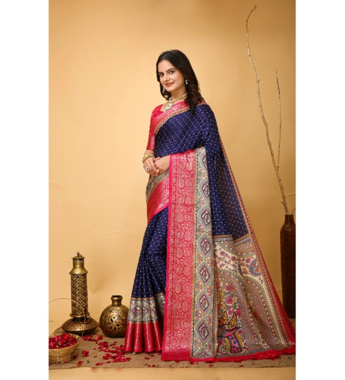 Women's Soft Dola Cotton Kalamkari Printed Saree With Unstitched Blouse 5.5Mtr (Navy Blue)